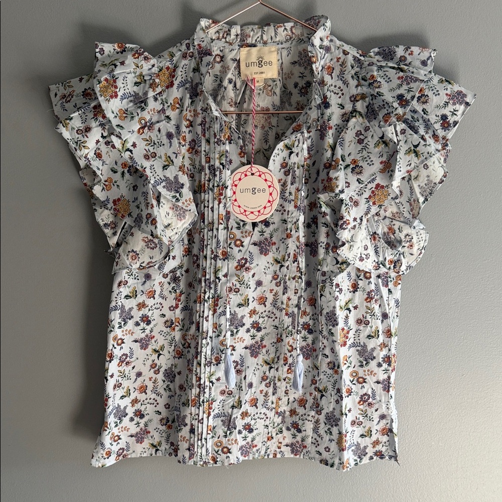 Umgee Floral Ruffle Top - Pale Blue and Multicolor